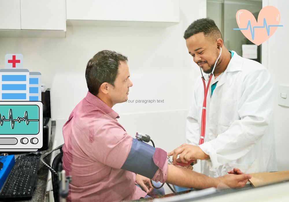 male doctor using a stethoscope to take blood pressure of male patient