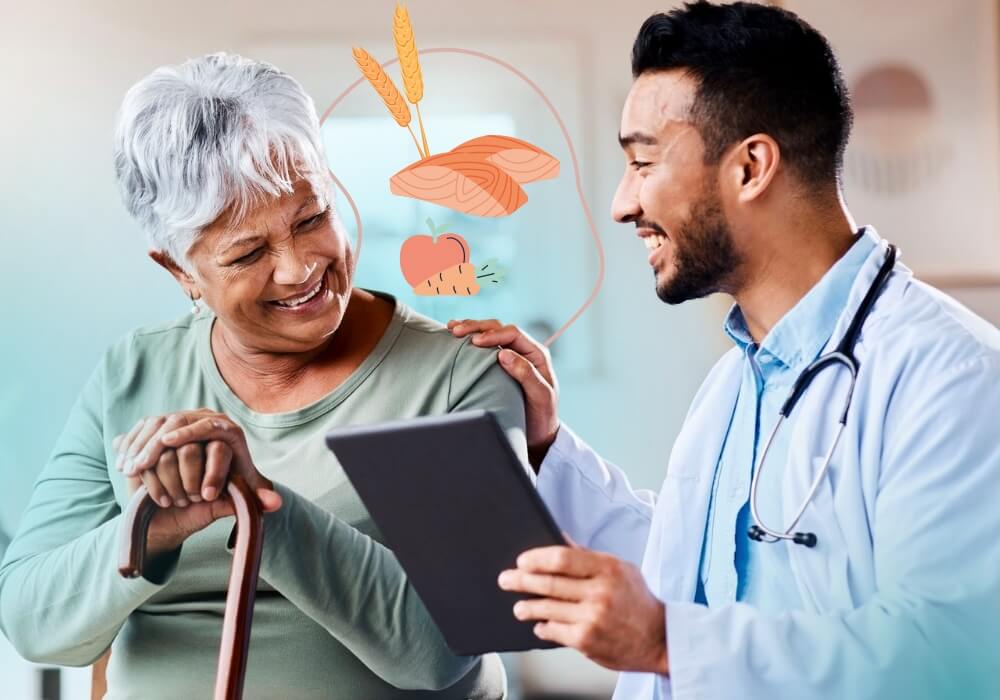 male doctor with clipboard smiling and talking to female elderly patient