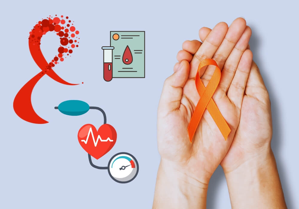 Graphic with hands holding blood cancer logo.