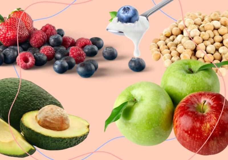 compilation of low glyemic foods - berries, chickpeas, apples, avocado, yogurt