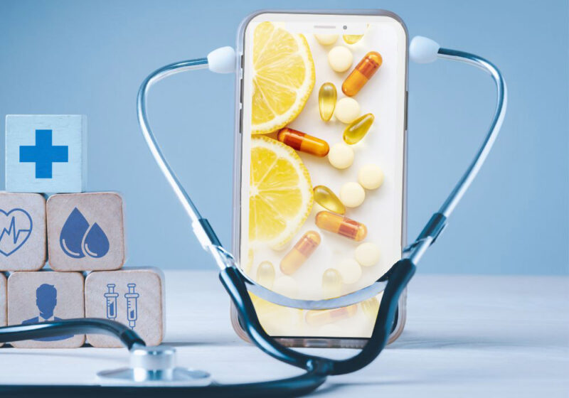 vitamins on a phone screen with a stethoscope